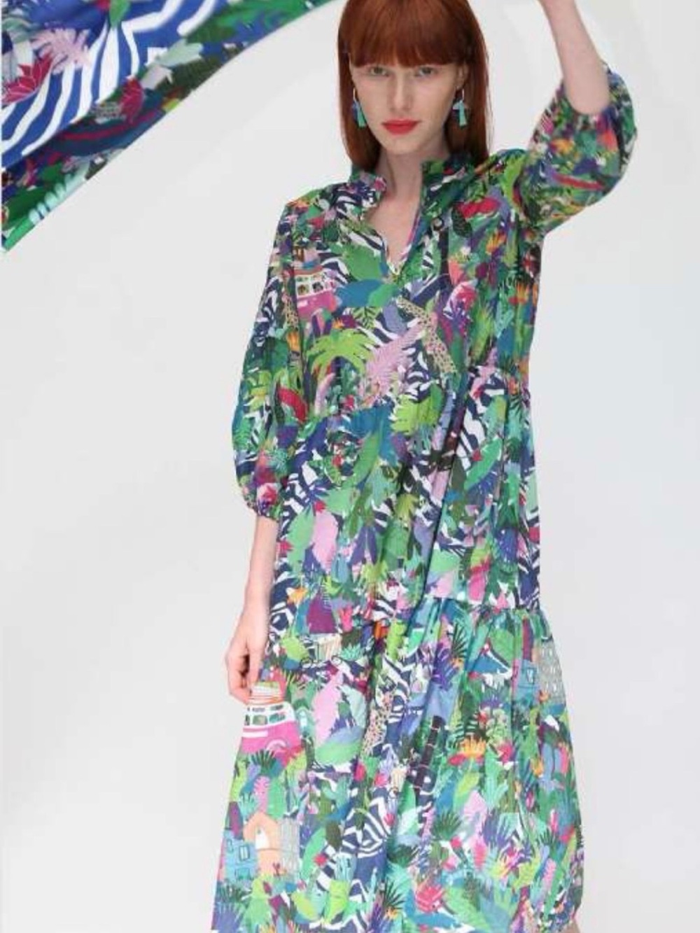 Vilagallo Tropical Toucan Print Top in Green, Pink & Navy